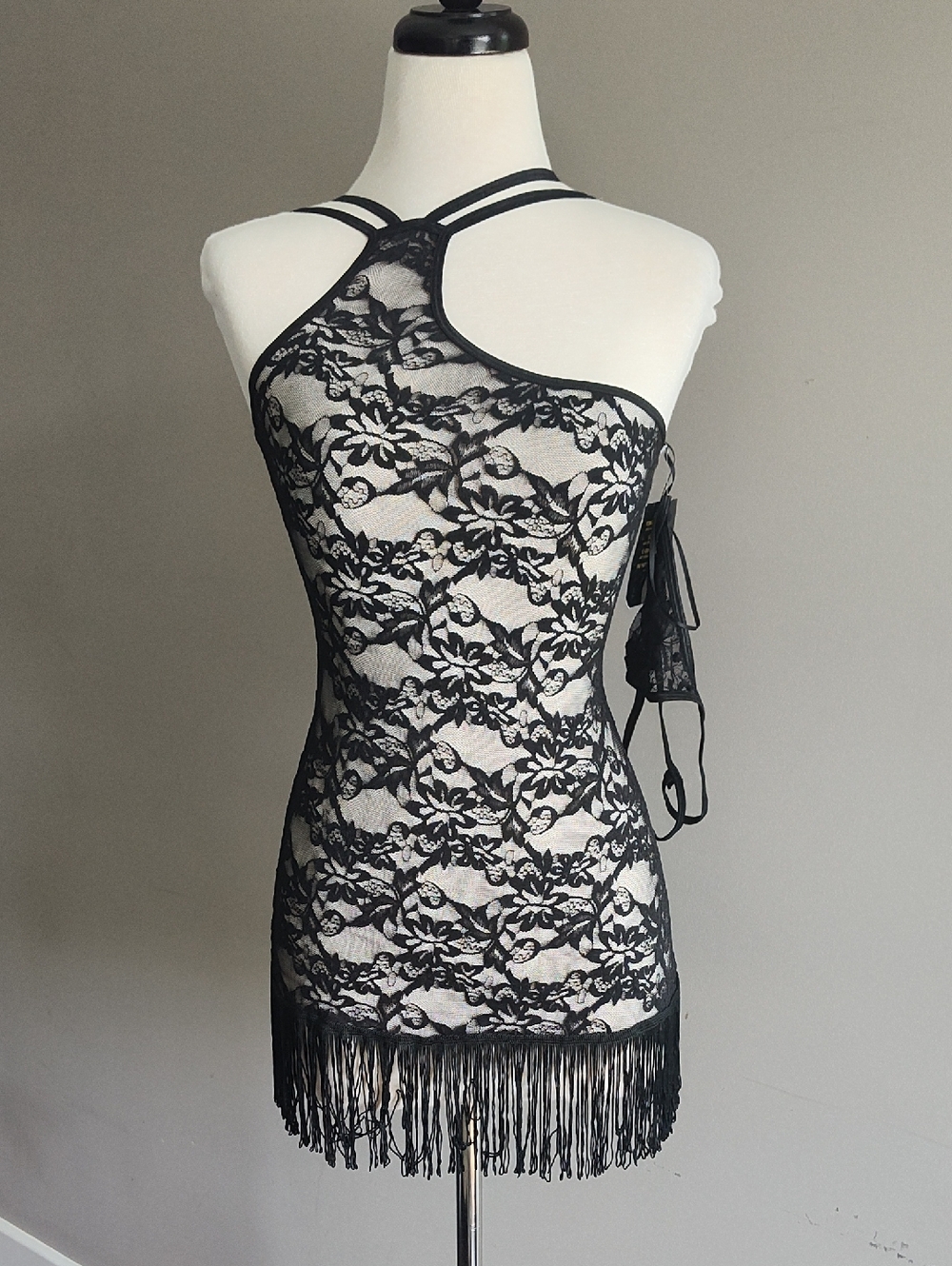 Frederick's of Hollywood Black Lace Off Shoulder Lingerie with Fringe And Thong